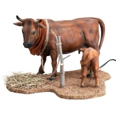 Mucca con vitello serie 30 cm in movimento per presepe Mondo