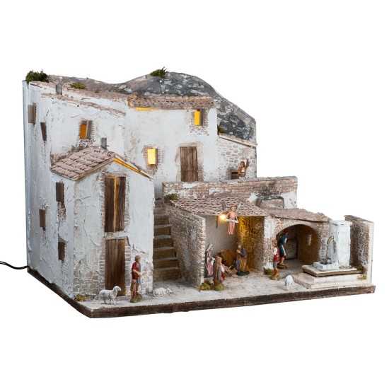 Presepe con statue Landi, luci e fontana funzionante cm