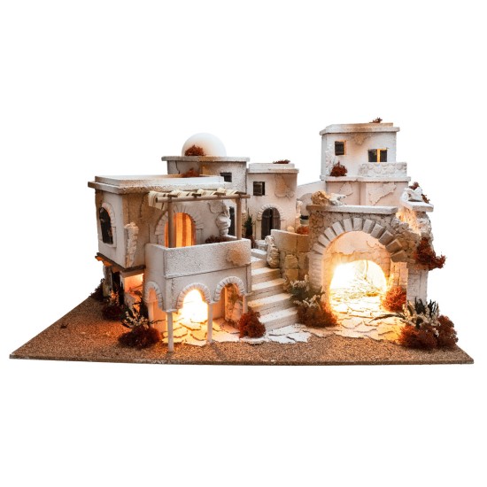 Arab nativity scene with lights, fire, and fountain cm 70x50x40