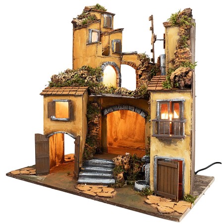 Presepe napoletano stile 700 illuminato con mulino a vento cm