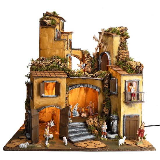 Presepe napoletano stile 700 con statue Landi, luci e mulino a