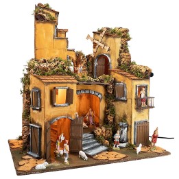 Presepe napoletano stile 700 con statue Landi, luci e mulino a