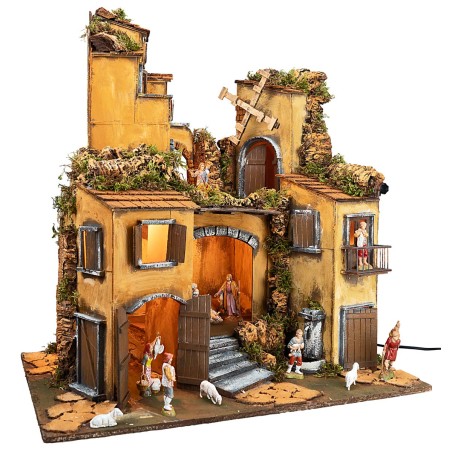 Pesebre napolitano estilo 700 con estatuas Landi, luces y