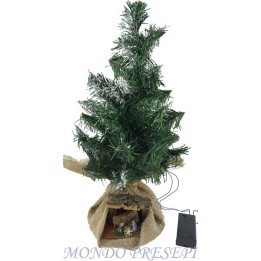 Pino de 42 cm con luces LED y cabaña de belén con natividad.