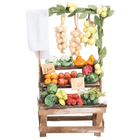Banco con frutta e ortaggi vari cm 8,8x5x17 h per presepe Mondo