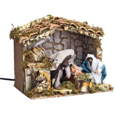 Capanna presepe con Natività in movimento cm 12 e luce 2
