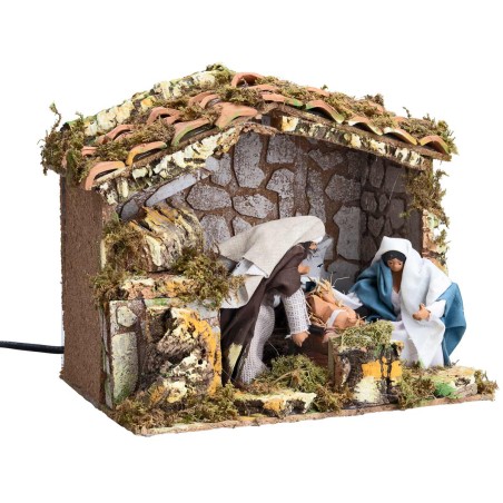 Capanna presepe con natività in movimento cm 12 e luce per