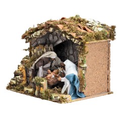 Capanna presepe con Natività in movimento cm 12 e luce