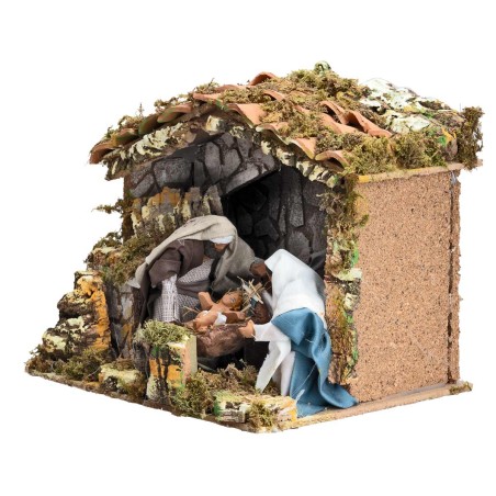 Cabaña de belén con natividad en movimiento de 12 cm y luz