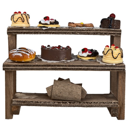 Wooden shelf with cakes and sweets cm 8.8x4x8h for nativity scene