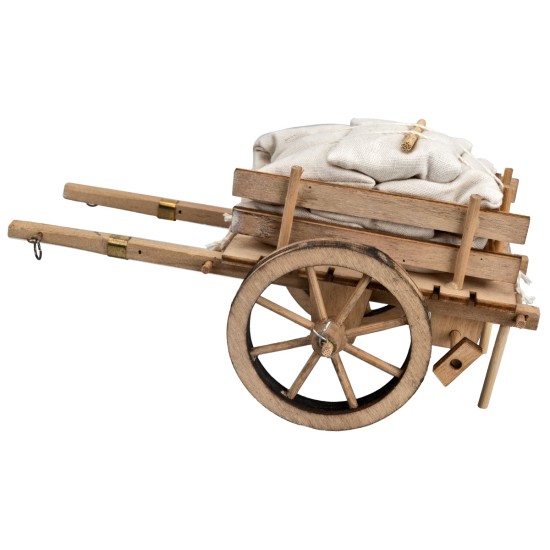 Carretto in legno con sacchi di stoffa cm 16x10x8 h