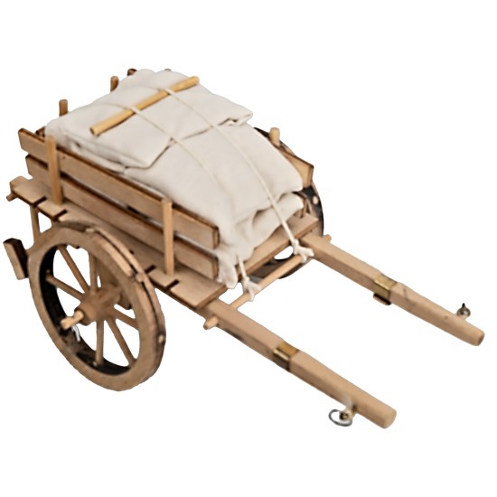 Carretto in legno con sacchi di stoffa cm 16x10x8 h