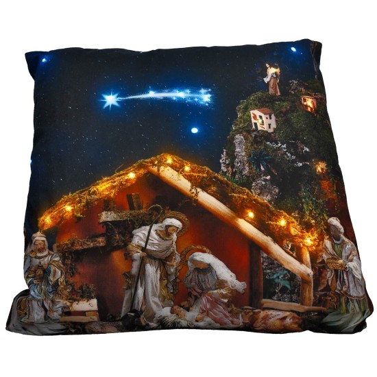 Christmas Cushion with Nativity Scene and Working Light for Nativity Scene