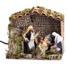 Capanna con Natività in movimento 12 cm e luce per presepe