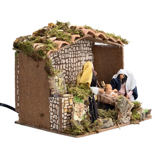 Capanna con Natività in movimento 12 cm e luce per presepe
