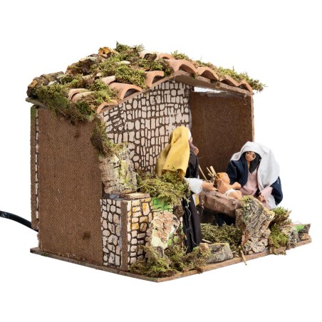 Hut with Moving Nativity 12 cm and Light for Nativity Scene