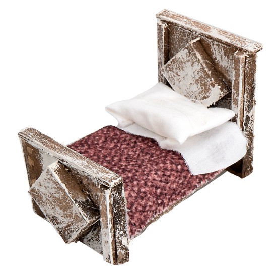 Letto con coperta in legno cm 6,5x4x5,3h per presepe Mondo