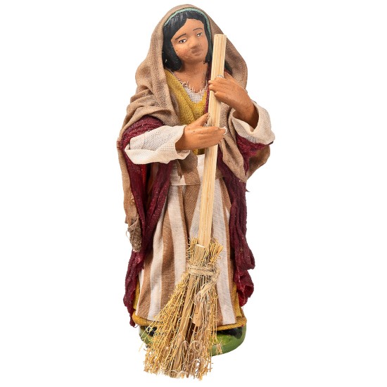 Peasant woman with broom 12 cm in terracotta with fabric clothes