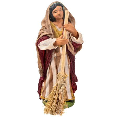 Peasant woman with broom 12 cm in terracotta with fabric clothes