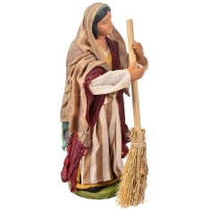 Contadina con scopa 12 cm in terracotta con abiti in tessuto 2