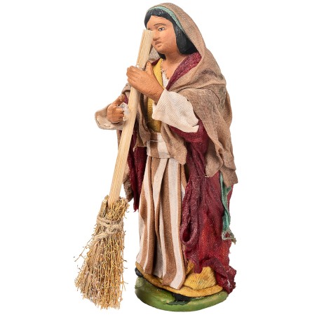 Peasant woman with broom 12 cm in terracotta with fabric clothes