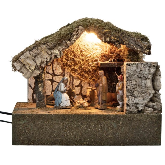 Cabaña iluminada con Natividad y zampognaro en movimiento cm