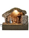 Capanna illuminata con Natività e zampognaro in movimento cm