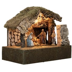 Cabaña iluminada con Natividad y zampognaro en movimiento cm 2