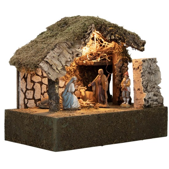 Capanna illuminata con Natività e zampognaro in movimento cm