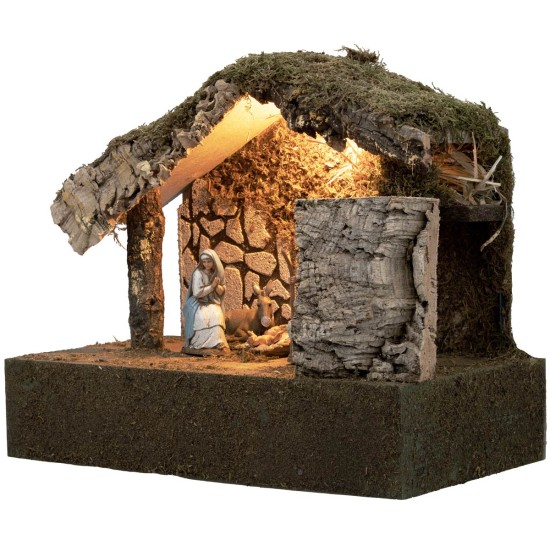 Capanna illuminata con Natività e zampognaro in movimento cm