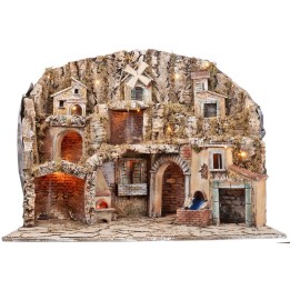 Nativity scene with lights, oven, mill, and stream cm 81x60x71.5 h