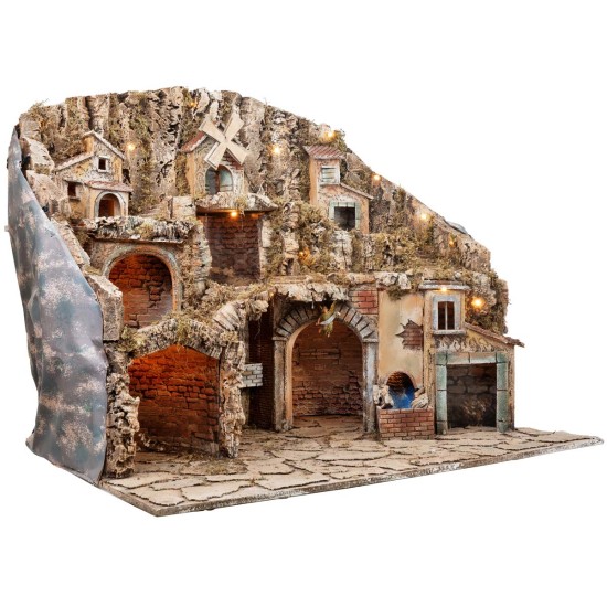 Presepe artigianale con mulino in movimento, ruscello e forno