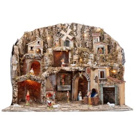 Presepe con statue Landi, luci, mulino e ruscello cm 81x60x71,5