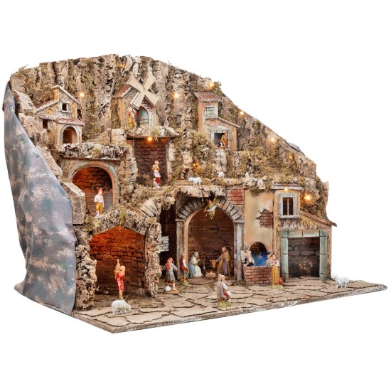 Nativity scene with Landi statues, lights, mill, and stream cm