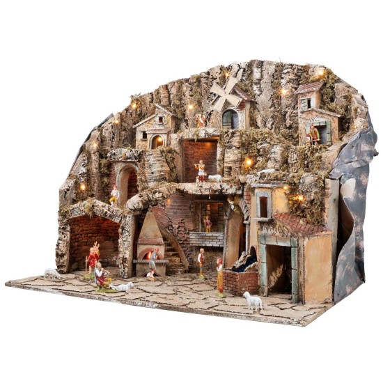 Presepe con statue Landi, luci, mulino e ruscello cm 81x60x71,5