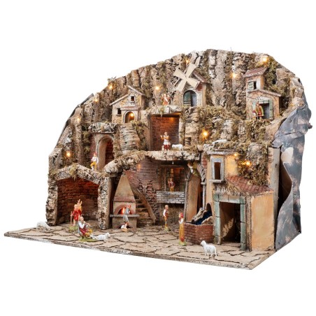 Presepe con statue Landi, luci, mulino e ruscello cm 81x60x71,5