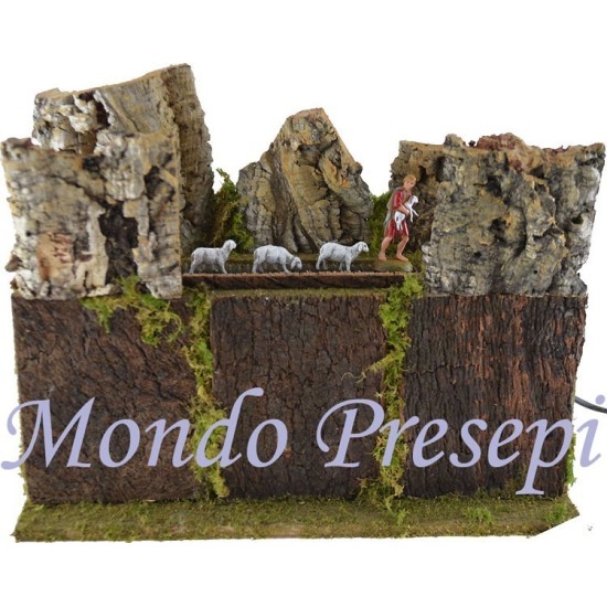 Pastor Landi con ovejas en pastoreo en movimiento belén en