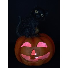 Calabaza tallada con gato y luz a baterías funcionando h 23 cm 2
