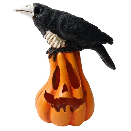 Calabaza tallada con cuervo y luz funcional h 17,5 cm