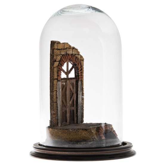 Nativity scene with arch in glass dome and wooden base ø cm