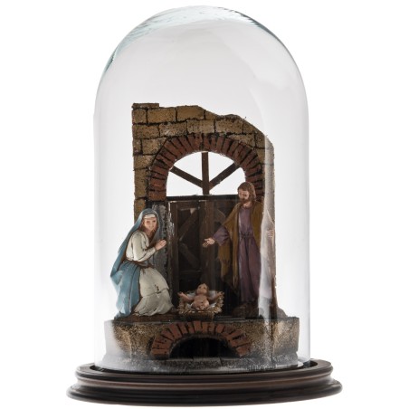 Nativity scene with arch in glass dome and wooden base ø cm