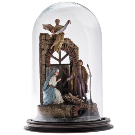 Nativity scene with arch in glass dome and wooden base ø cm
