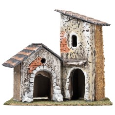 Pair of houses with ruined walls and sloping roofs cm