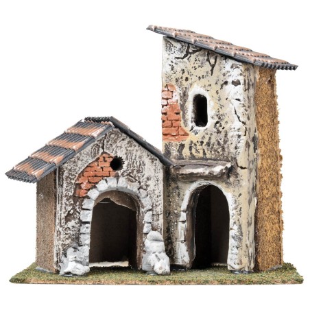 Pair of houses with ruined walls and sloping roofs cm