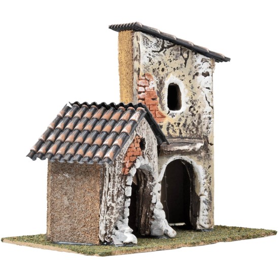 Pair of houses with ruined walls and sloping roofs cm