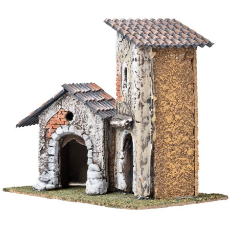 Pair of houses with ruined walls and sloping roofs cm