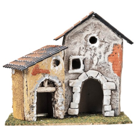Pair of houses with tower and exposed bricks cm 17.7x12x16 h for