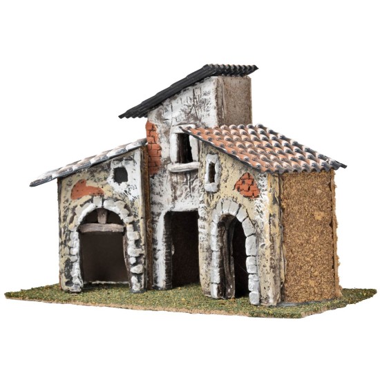 Three houses with stone arches and aged facades cm 16x12.3x23 h
