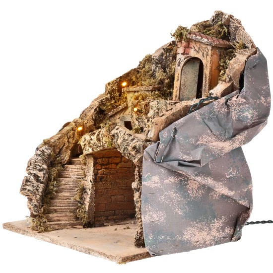 Nativity scene with illuminated grotto working on electricity