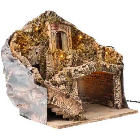 Pesebre con cueva iluminada funcionando a corriente cm 30x23x35